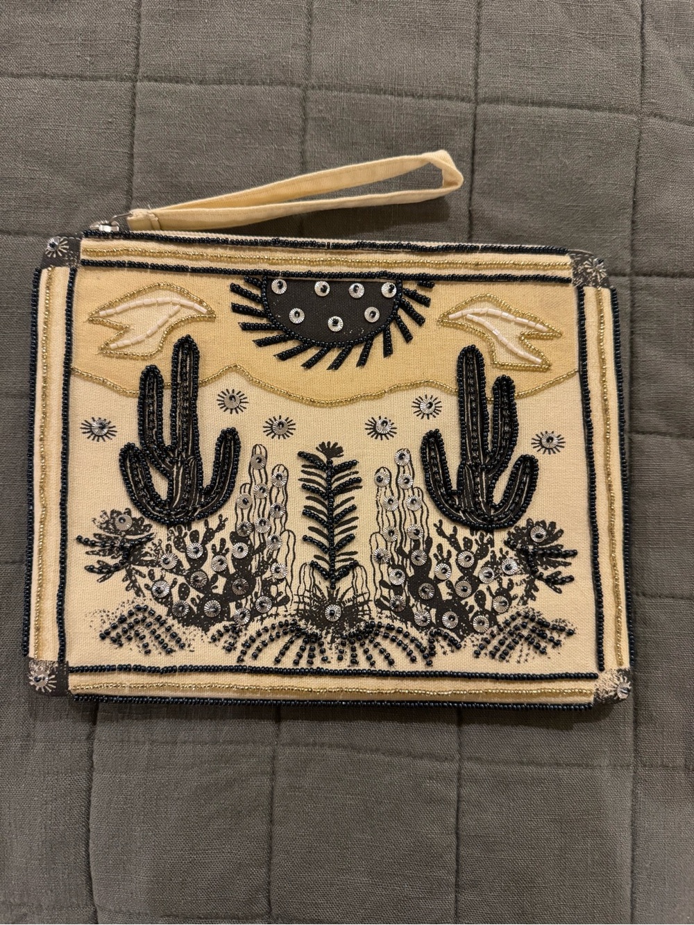 Beaded Desert Cactus Wristlet Clutch - Cream & Black